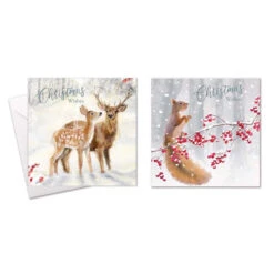 Square Boxed Christmas Cards Reindeer & Robin 10 Pack